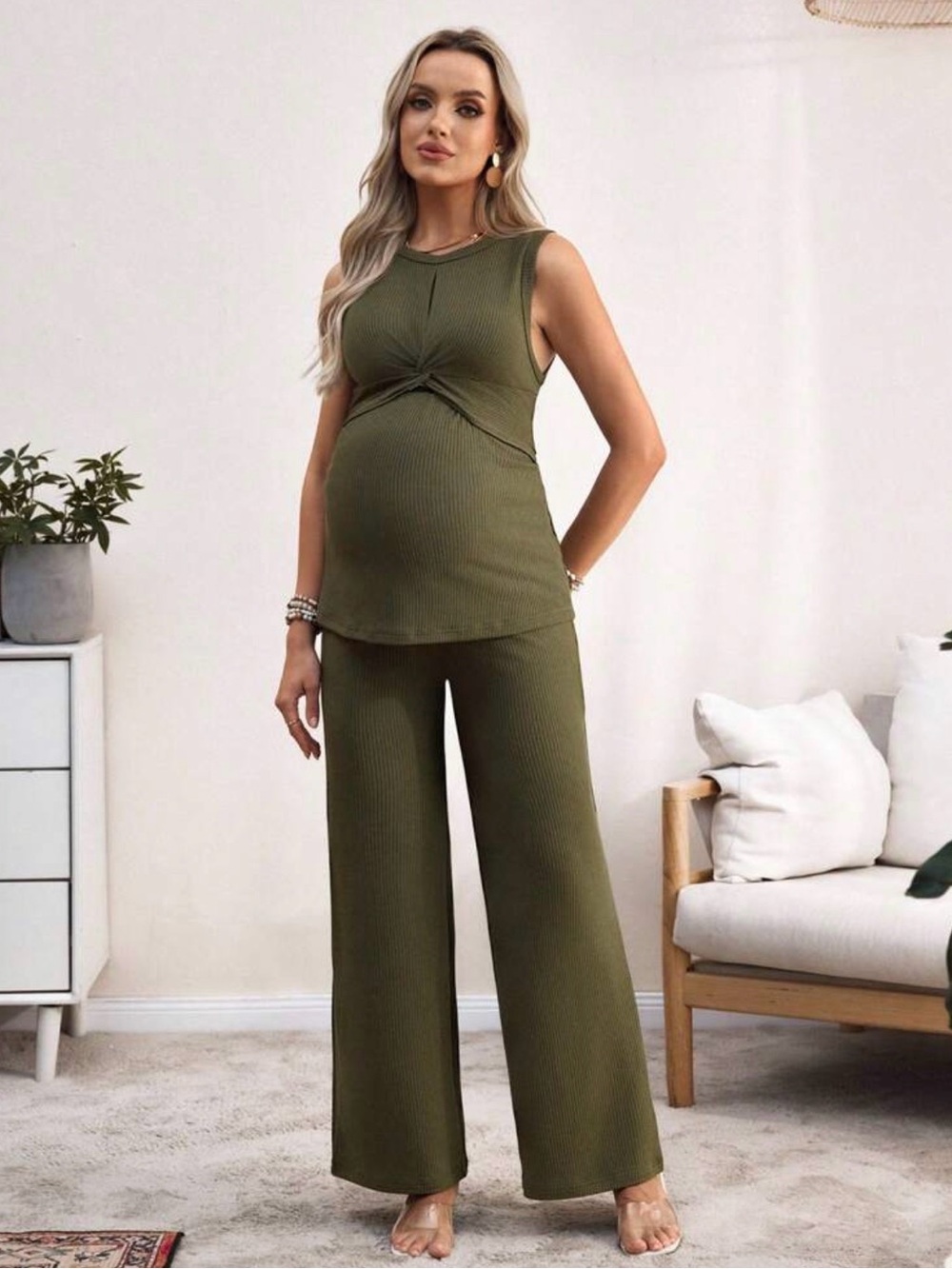 SHEIN Olive Twist-Front Rib Knit Tank & Wide-Leg Pants Set